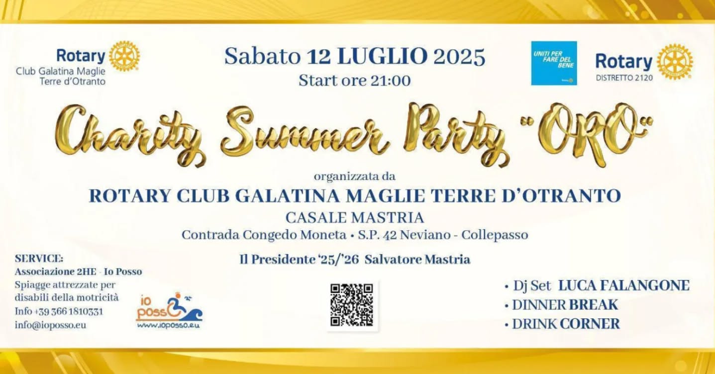Charity Summer Party “Oro” e una raccolta fondi in favore dell’associazione “2HE – Io posso”.
⚙️ www.rotarygalatina.it